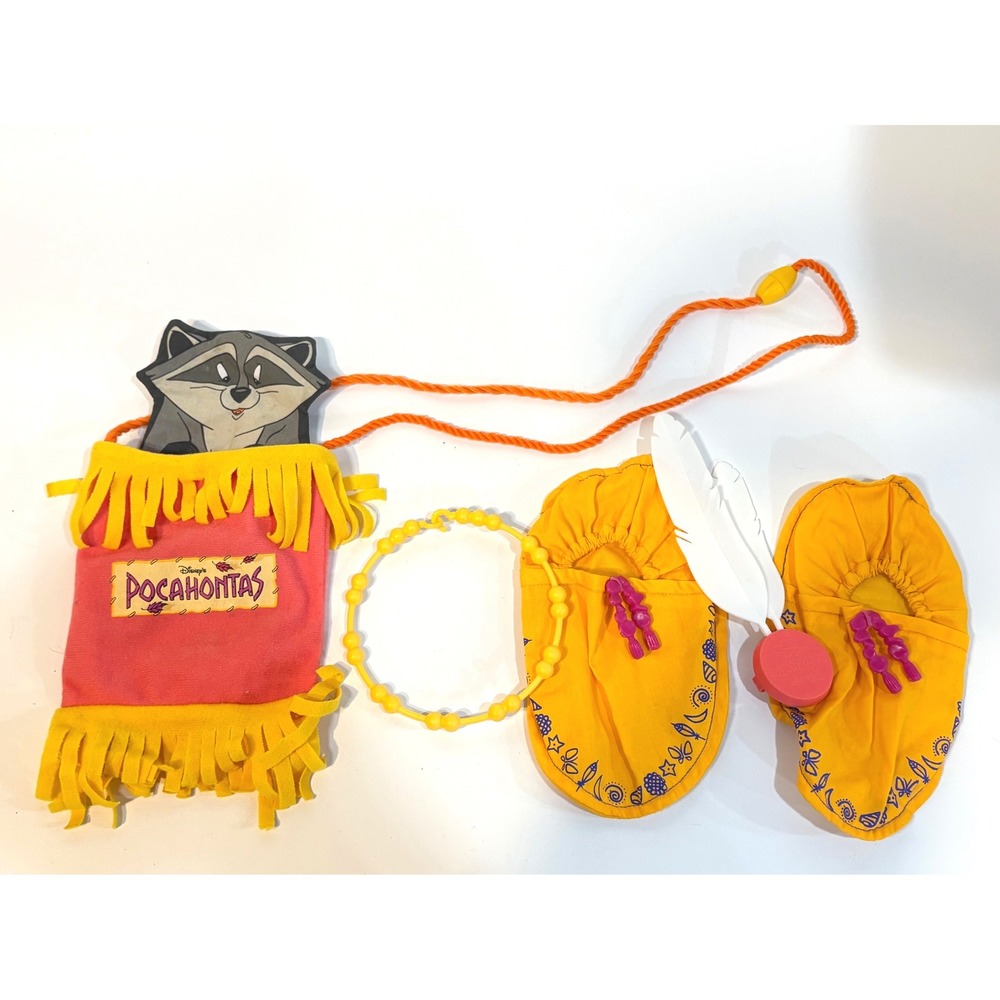 Vtg Disney Pocahontas Costume Accessory Set Meeko Bag Moccasins Necklace 1995